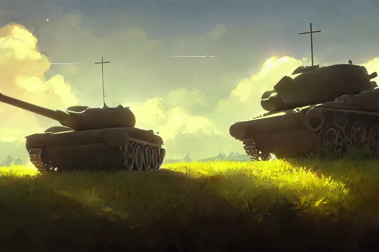 Prompt: a tank mixed with a church, scene in an open field. key visual, conceptart, ambient lighting, highly detailed, digital painting, artstation, concept art, sharp focus, by makoto shinkai and akihiko yoshida and greg manchess