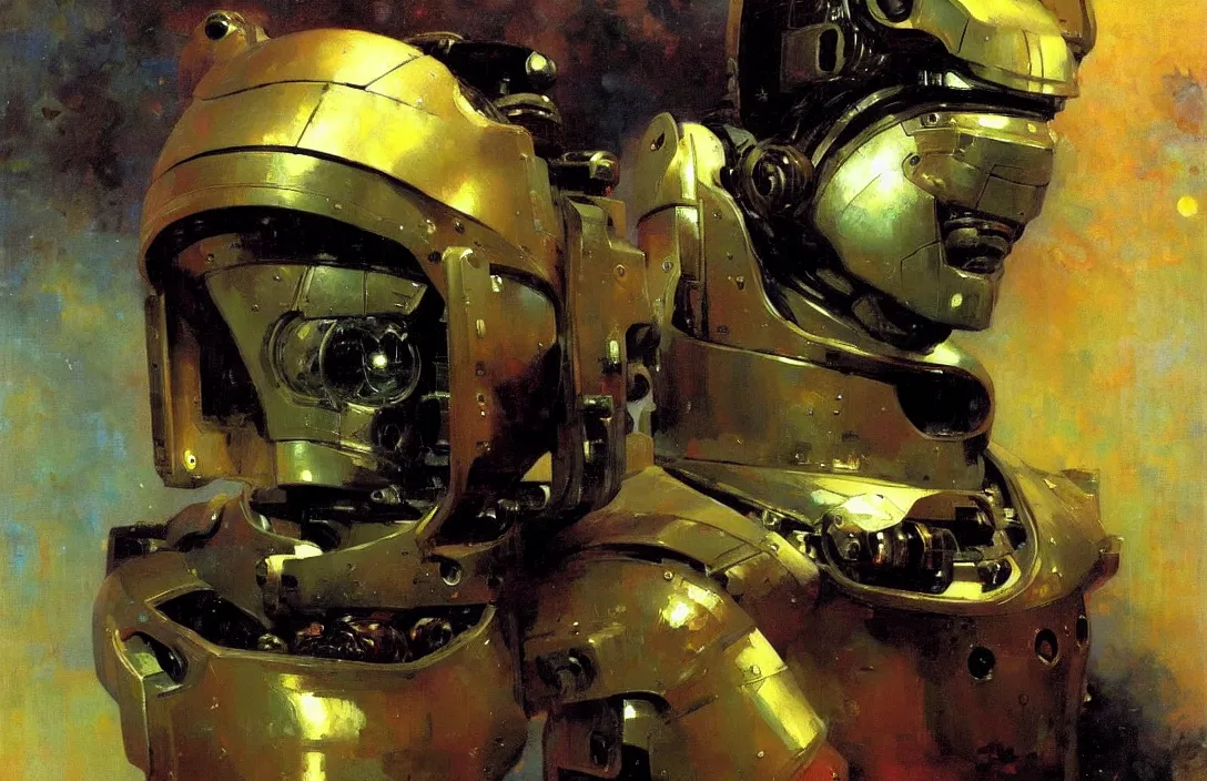 Image similar to portrait of futuristic space robot!!!!!!!!!!!!!!!!!!!!!!!!!!!, detailed face, detailed painting,, epic lighting, by ilya repin, phil hale and kent williams