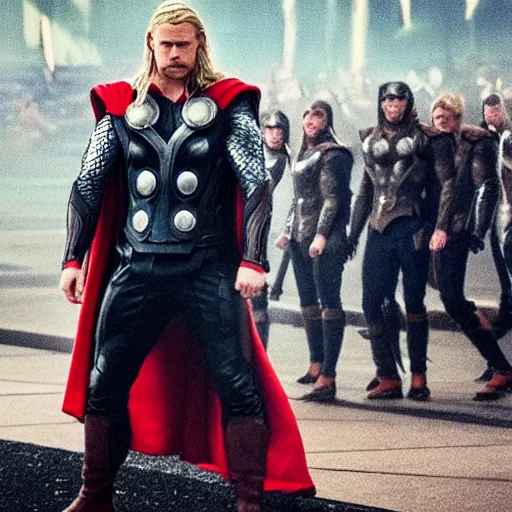 Prompt: Thor standing in line. he is waiting in the line.