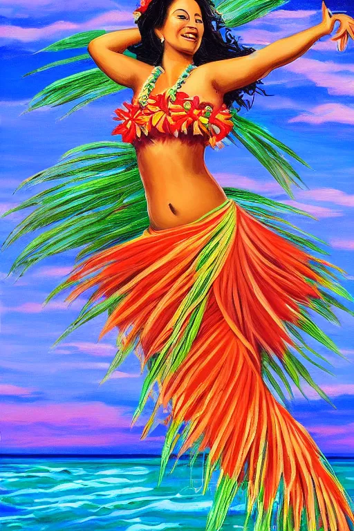 Prompt: authentic acrylic painting of hawaiian hula dancer, high detail, beautiful background, hawaiian postcard style