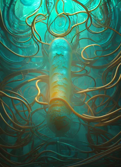 Image similar to subsurface scattering, translucent, medusa made of soft wax, cgsociety, wooden art nouveau swirls, colored smoke, gold cables, neurons, nuclear, in the style of ruan jia and beeple and giger, mystical colors, back light, rim light, dramatic lighting, 8 k, stunning scene, raytracing, octane render