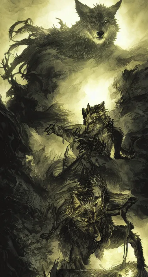 Image similar to king of the wolves. By Travis Charest, James Gurney, and Ashley Wood. dramatic lighting. Magic the gathering. digital painting.