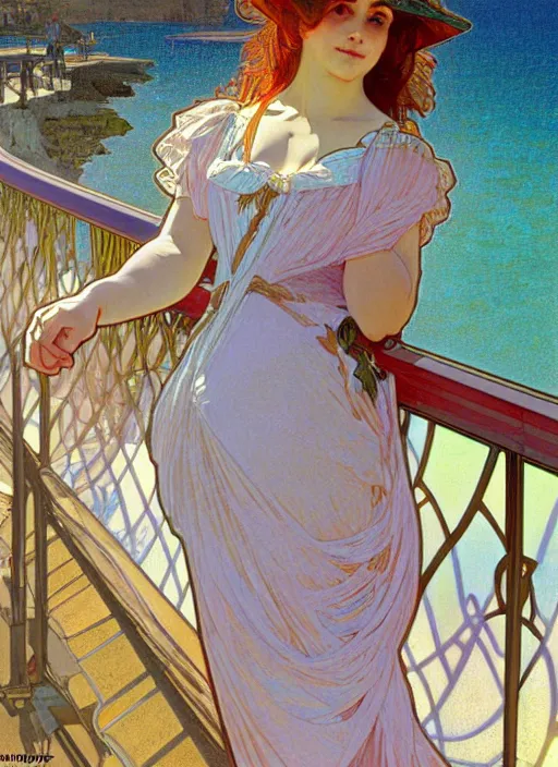 Image similar to pretty young woman leaning against the railing at the beach, path traced, highly detailed, high quality, digital painting, by alphonse mucha, disney