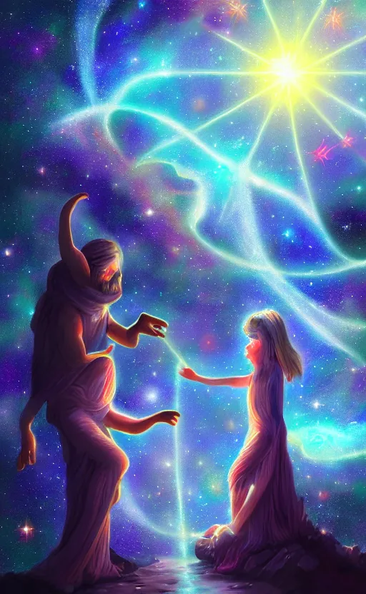 Prompt: Meeting God in the universe, digital art, trending on art station