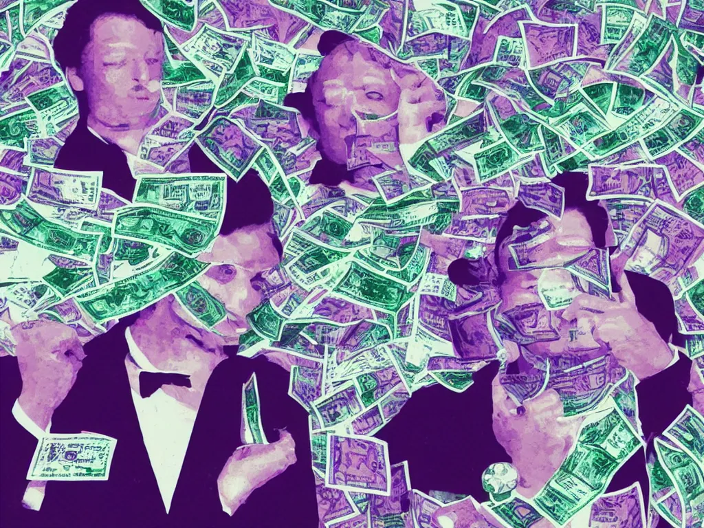 Image similar to vaporwave glitchy corrupt jpeg of corrupt businessmen bathing in money