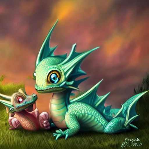 Prompt: two baby dragons are friends, digital art
