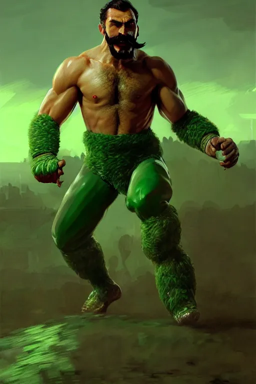 Image similar to gigachad luigi fighting like ernest khalimov in a green suit with a beard, fantasy character portrait, ultra realistic, full body concept art, intricate details, highly detailed by greg rutkowski, ilya kuvshinov, gaston bussiere, craig mullins, simon bisley