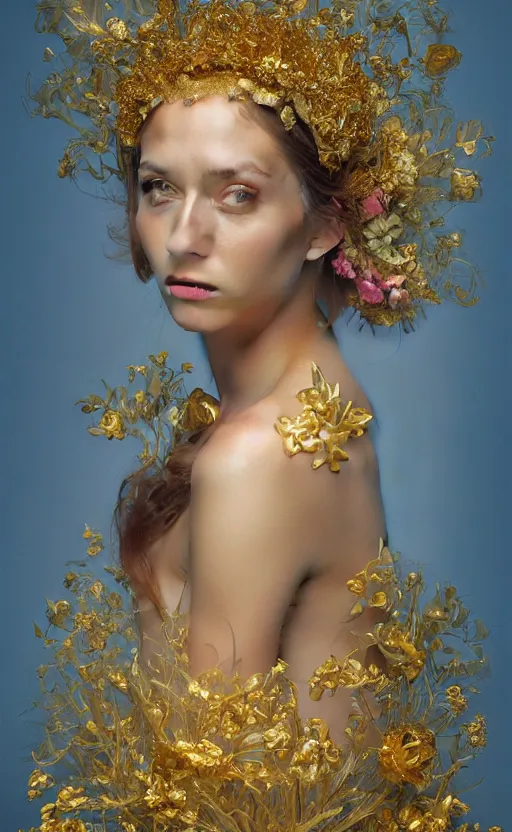 Image similar to a gold mucha oil painting hyperrealism of a beautiful woman on a white background, flowers, in a gold robe, floral headdress, 8 k resolution, octane render, trending on artstation, by gediminas pranckevicius, volumetric light 2 blue fractal thunder glow by dan mumford, anaglyph effect, laurie lipton