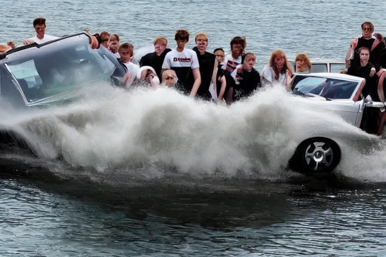 Image similar to Group of teenagers push Rolls-Royce into lake