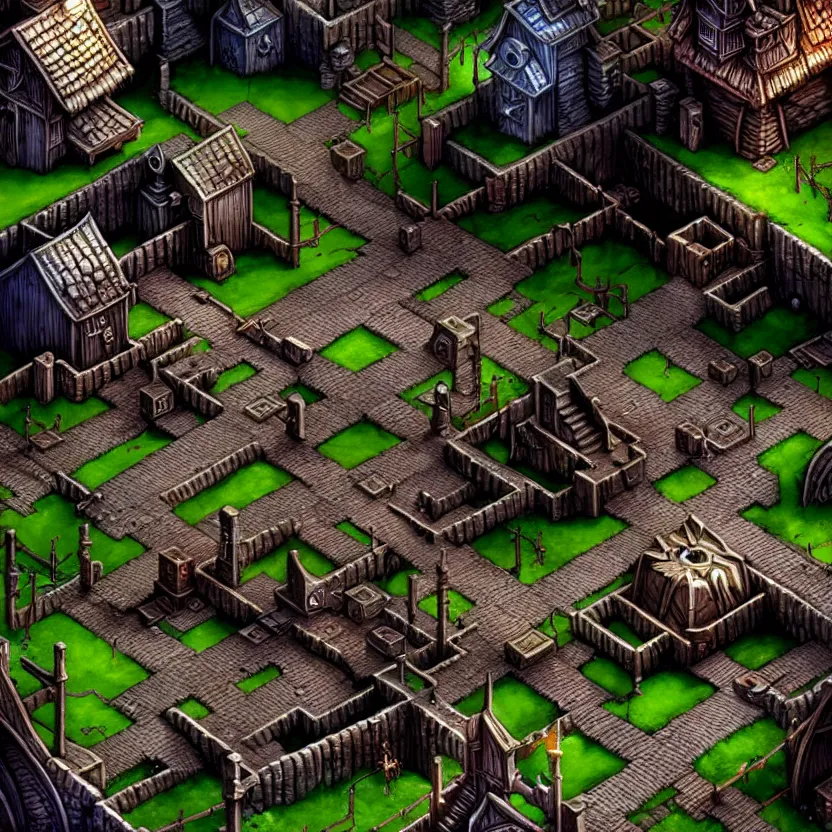 Prompt: closeup on the isometric game area of a village from baldur's gate, game art, intricate details, ultra realistic, fantasypunk, amazing d & d art, trending cgsociety, artstation, sharp