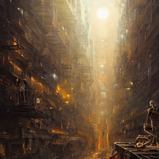 Prompt: An extremely detailed matte painting of a golden cyberpunk skeleton with highly detailed and intricate electric eyes, by android jones and greg rutkowski, Trending on artstation, hyperrealism, elegant, stylized, highly detailed digital art, 8k resolution, hd, global illumination, radiant light, detailed and intricate cyberpunk ghetto environment, rendered in octane, oil on canvas