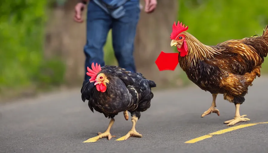 Prompt: a Chicken with a shotgun running after a man, 4k photography award winning,