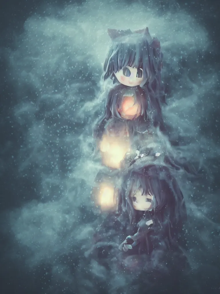 Image similar to cute fumo plush of a cursed frail witch girl held tight in the arms of a ghost mother, hugging and cradling, anime, melting volumetric smoke and fog, environment map pbr reflective stormy water, gothic maiden, bokeh, vignette, vray