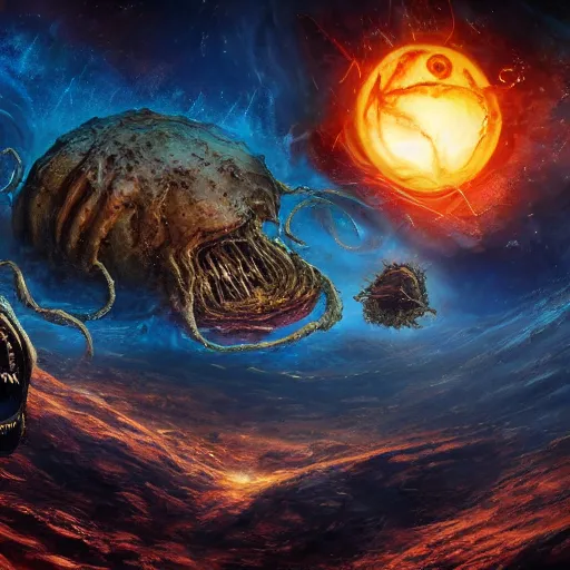 Image similar to eldritch horror bloody garfield in space, hd, 8 k, giant, epic, realistic photo, unreal engine, stars, prophecy, powerful, cinematic lighting, destroyed planet, debris, violent, sinister, ray tracing, dynamic, epic composition, dark, horrific, teeth, grotesque, monochrome drawing, hellscape