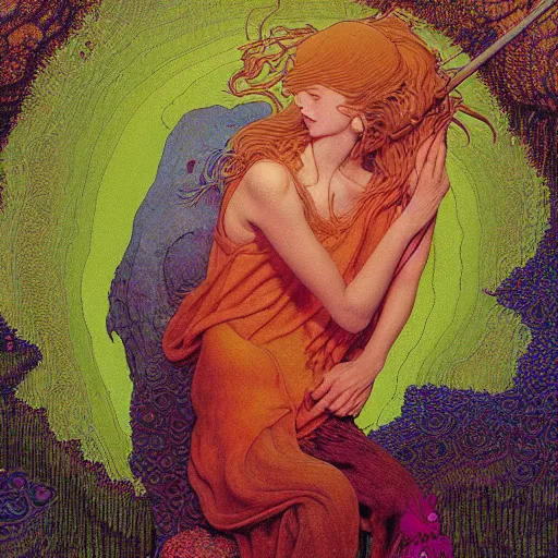 Prompt: A young Kiki from Kikis delivery service pre-raphaelite defined colours , Ivan Bilibin, Austin Osman Spare, high quality, ultra detailed. Beksinski painting, art by Takato Yamamoto. masterpiece, oil on canvas painting, pixelart, pixel sorting, datamosh, glitch. vivid acid neon colours. Futurism by beksinski carl spitzweg moebius and tuomas korpi. baroque elements. baroque element. intricate artwork by caravaggio. Oil painting. 3d rendered in octane. cinematin, pixiv, unreal5, 8k