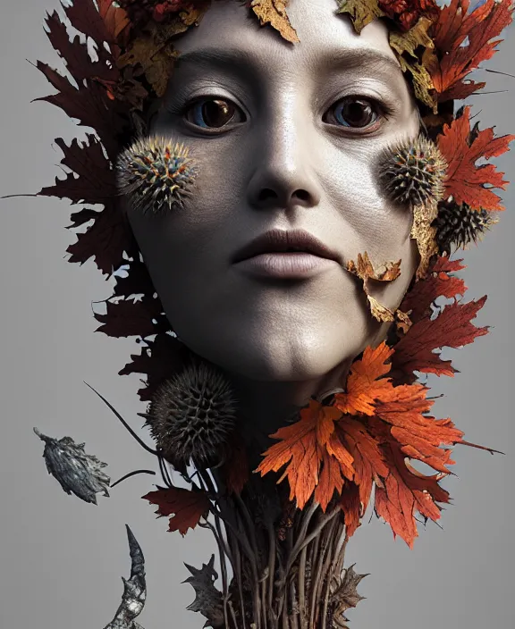 Prompt: 3 d goddess close - up profile portrait of a beautiful intricately detailed autumn mask, fall leaves, thistles, phoenix, dried plants, foxes, wind, creature, artwork by tooth wu and wlop and beeple and greg rutkowski