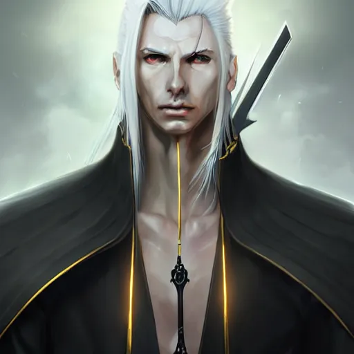 Image similar to digital art of a pale menacing Sephiroth with piercing eyes, gilded black uniform, he commands the fiery power of resonance and wrath, by WLOP, Artstation, CGsociety