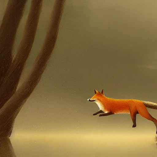 Prompt: a fox swimming in a river the background is a huge lake the fox is scared and swimming for his life the weather is raining and foggy by greg rutkowski