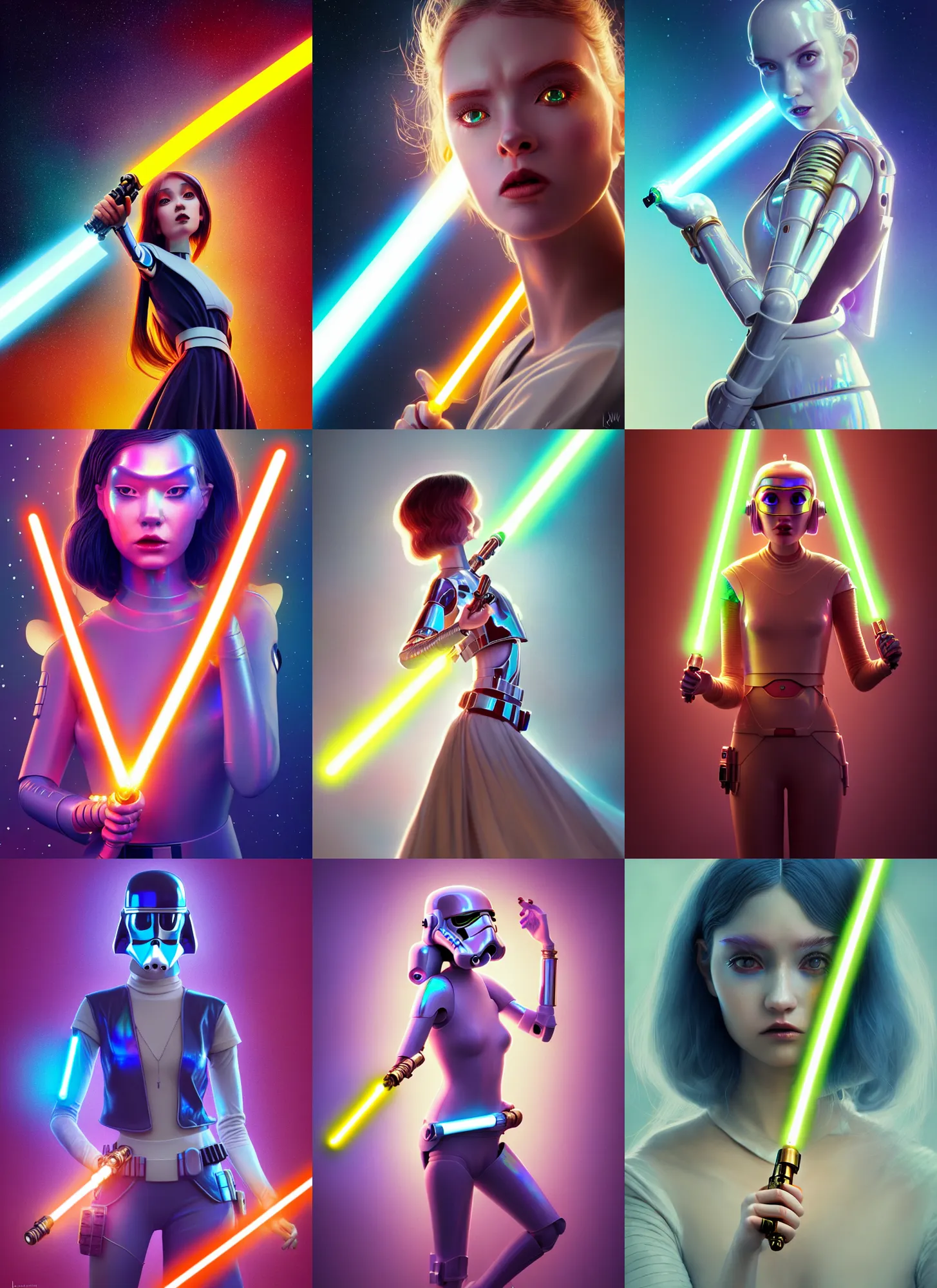 Prompt: pixar 8 k photo, beautiful shiny white porcelain rich defunct iridescent edc star wars clowncore cyborg college girl, lightsaber jewelry, golden ratio, sci fi, fantasy, cyberpunk, intricate, decadent, highly detailed, digital painting, octane render, artstation, concept art, smooth, sharp focus, illustration, art by loish, wlop