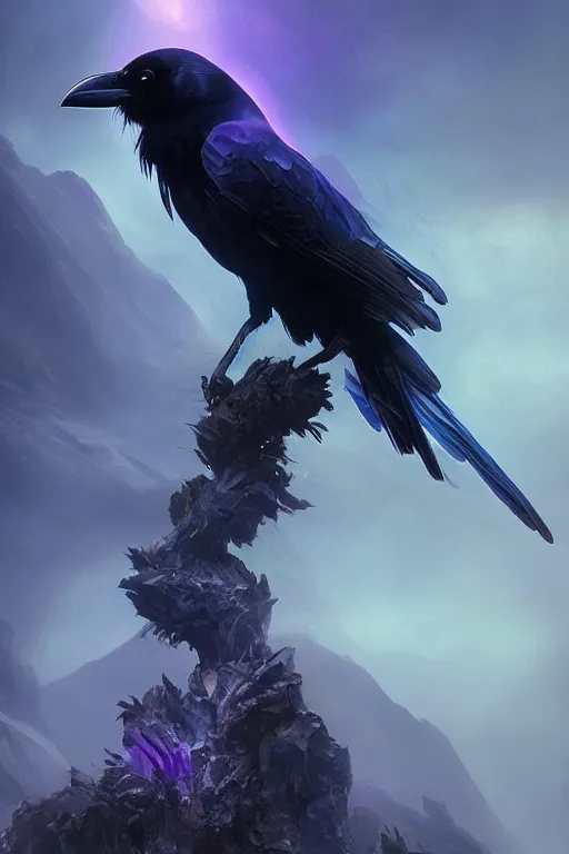 Image similar to portrait of a beautiful one raven perched on purple crystals that are glowing in a misty valley, establishing shot, extremly high detail, foto realistic, cinematic lighting, by yoshitaka amano, ruan jia, kentaro miura, artgerm, post processed, concept art, artstation, raphael lacoste, alex ross