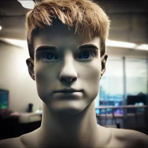 Image similar to “a realistic detailed photo of a guy who is an attractive humanoid who is half robot and half humanoid, who is a male android, twitch streamer Ninja Tyler Blevins, shiny skin, posing like a statue, blank stare”