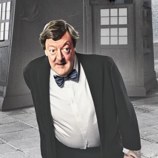 Image similar to stephen fry as doctor who, bbc promotional artwork, mid range shot