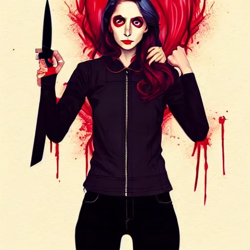 Image similar to loish, artgerm, Joshua Middleton art, pretty Alison Brie serial killer holding bloody knife in right hand, blood on clothes and face, sarcastic smile, symmetrical eyes, symmetrical face, jean jacket, jeans, short blonde hair, middle shot, night time, deep blacks