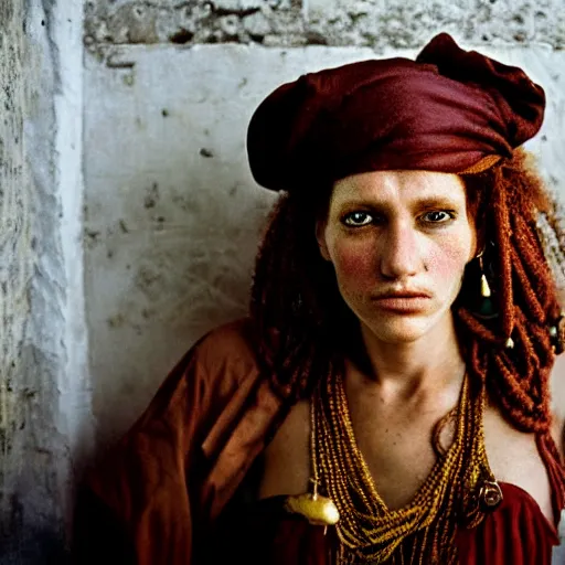 Image similar to beautiful 1 9 th century barbary coast pirate female models with ginger hair and golden hooped earrings photography by steve mccurry