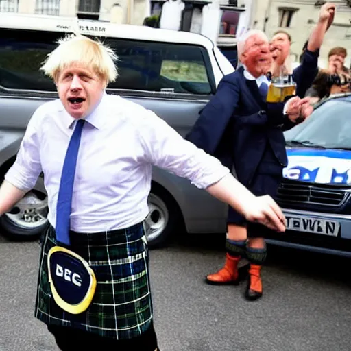 Image similar to boris johnson wearing a kilt, drinking beer and dancing on a parking lot next to a car