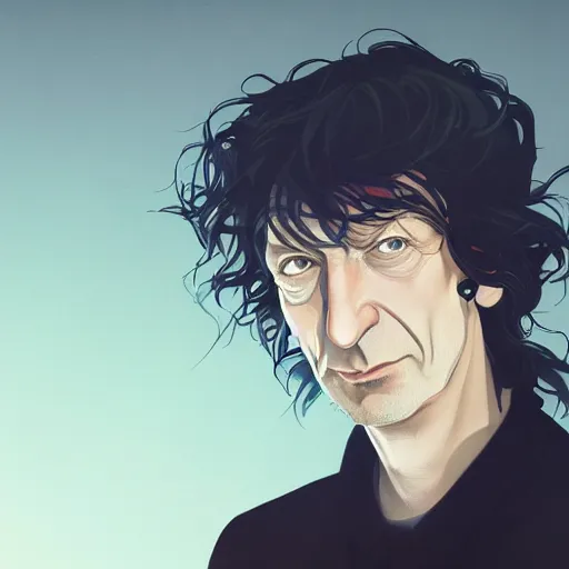 Prompt: closeup portrait of Neil Gaiman as The Sandman, pale skin, long black leather jacket, unruly hair, ambient lighting, 4k, anime key visual, lois van baarle, ilya kuvshinov, rossdraws, artstation