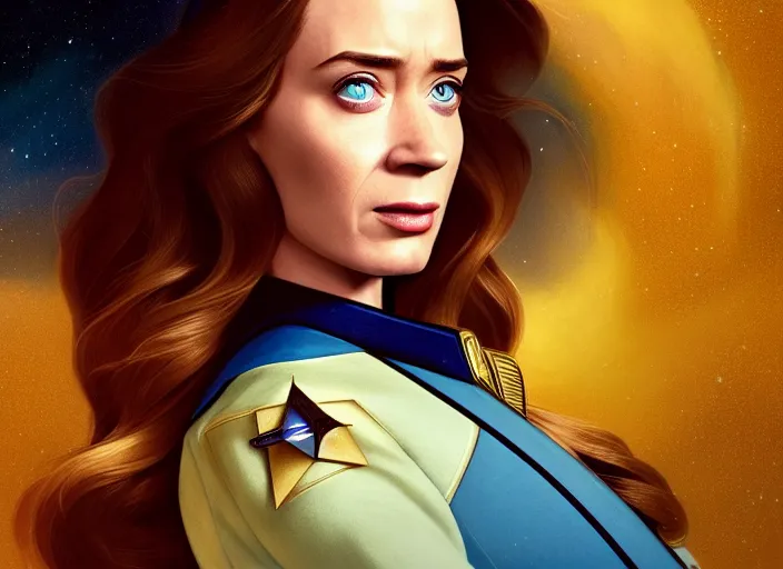 Image similar to a disney film still of emily blunt as a star trek officer, finely detailed features, closeup of the face, perfect art, dusk, blue hour, gapmoe yandere grimdark, trending on pixiv fanbox, painted by greg rutkowski, makoto shinkai, takashi takeuchi, alphonse mucha, akihiko yoshida