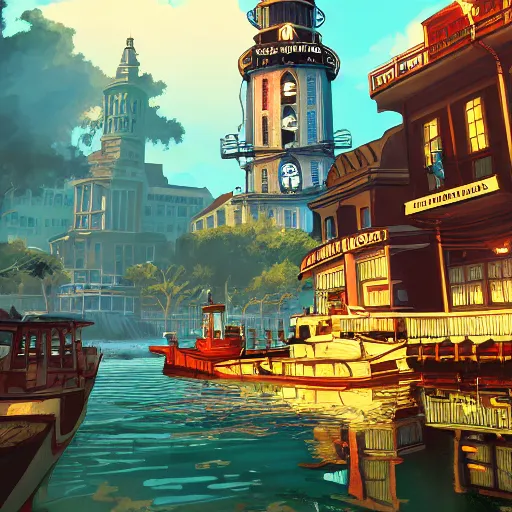 Image similar to beautiful water city in the style of a bioshock infinite screenshot, concept art, artstation, deviantart, behance, highly detailed