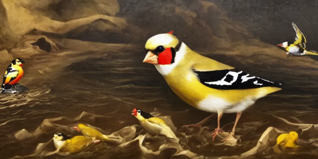 Prompt: painting of a goldfinch drowning in a river of nightmares, in the background you can see hell. by theodore gericault, realistic oil painting, 4 k, studio lightning, award winning, very detailed shadows