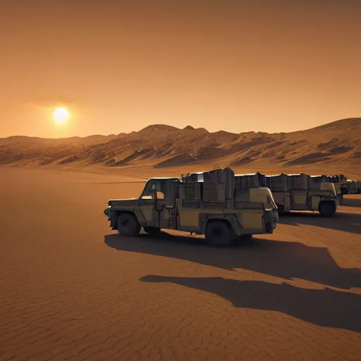 Prompt: military convoy driving through Namibia in the golden hour, long shadows, digital painting by Mike Winkelmann