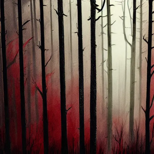 Image similar to a nightmarish creature in a dark forest with tall creepy trees, horrifying, black and red colours, wispy fog, ominous, accented paint strokes, detailed