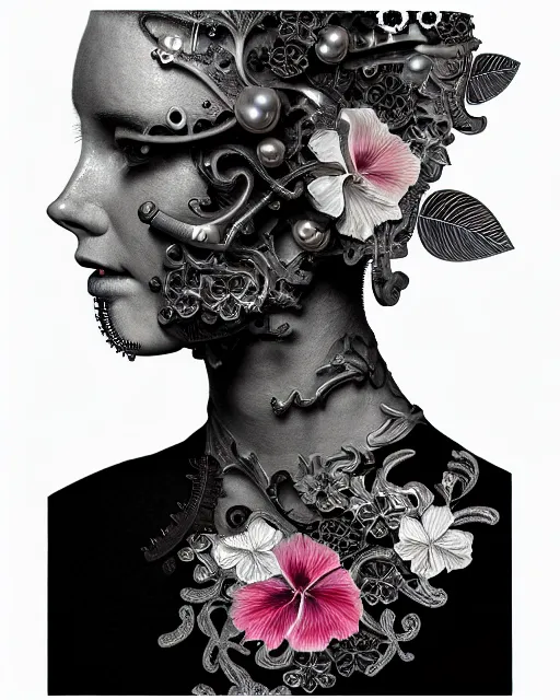 Image similar to monochrome profile portrait painting, dutch masters, silver lace floral steampunk biomechanical beautiful young female cyborg with one fluo techno eye, monocular, volumetric light, leaves foliage and stems, hibiscus flowers, rim light, big gothic fashion pearl embroidered collar, 8 k