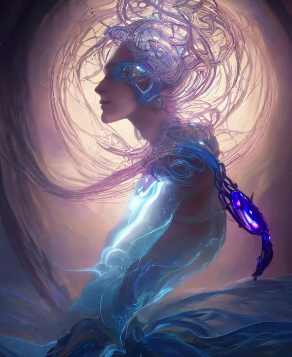 Image similar to a whirlwind of souls rushing inside the metaverse, half body, glowin eyes, tiara with sapphire, insect, android, cyberpunk, d & d, fantasy, intricate, elegant, highly detailed, colorful, vivid color, digital painting, artstation, concept art, art by artgerm and greg rutkowski and alphonse mucha and ruan jia