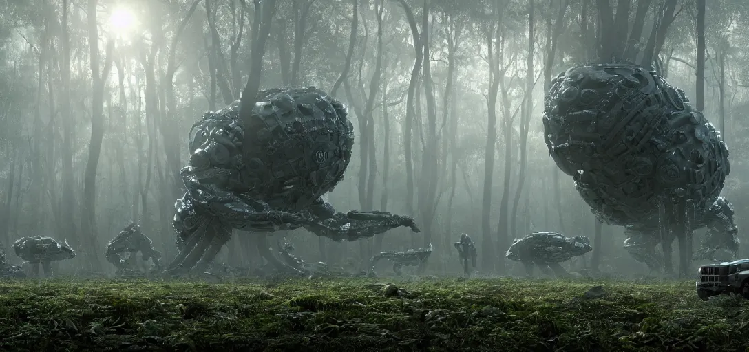 Image similar to military trucks surrounding a complex organic fractal 3 d metallic symbiotic ceramic humanoid megastructure creature in a swampy lush forest, foggy, sun rays, cinematic shot, photo still from movie by denis villeneuve, wayne barlowe