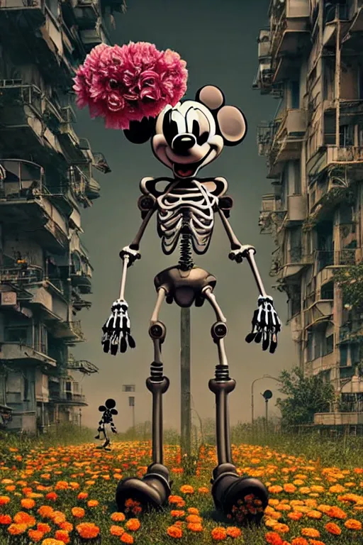 Image similar to a skeletal, mickey mouse made out of flowers and bones, walking with a robot, in the cyberpunk countryside by beeple, nychos and arcimboldo, highly detailed octane render