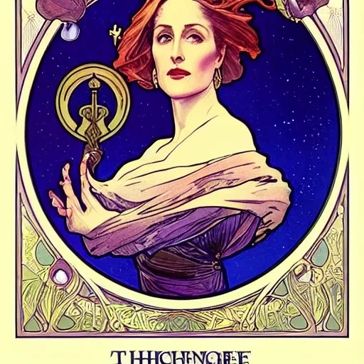 Image similar to gillian anderson portrait by louis - theophile hingre and alphonse mucha, realistic, sharp focus, zodiac signs, tarot cards, planets, ethereal, art nouveau, magic, moon, sun, crown, dreamy, royal, jewellery