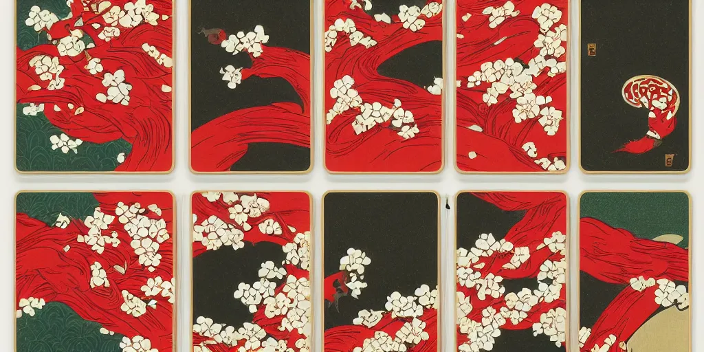 Prompt: hanafuda, 4 cards of hanafuda for the january cards, 20 points, 5 points, 1 point, trending on behance, concept art, stunning, matte