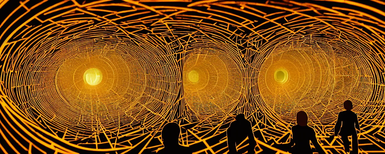 Image similar to vivid illustration of a person choosing between tunnels with groups of people inside, within a highly intricate torus with detailed golden ornamentation and golden light, choosing between pathways