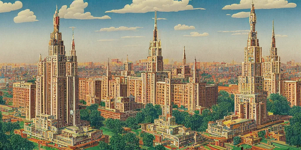 Prompt: architectural concept art of a moscow state university on fire, created by hasui kawase, invasion of a city, colorful flat surreal design, super - detailed, a lot of tiny details