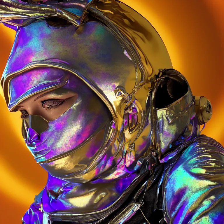 Image similar to octane render portrait by wayne barlow and carlo crivelli and glenn fabry, subject is a woman covered in tie - dye aluminum foil space suit with a iridescent metallic space helmet, inside a dark gothic rococo palace, cinema 4 d, ray traced lighting, very short depth of field, bokeh