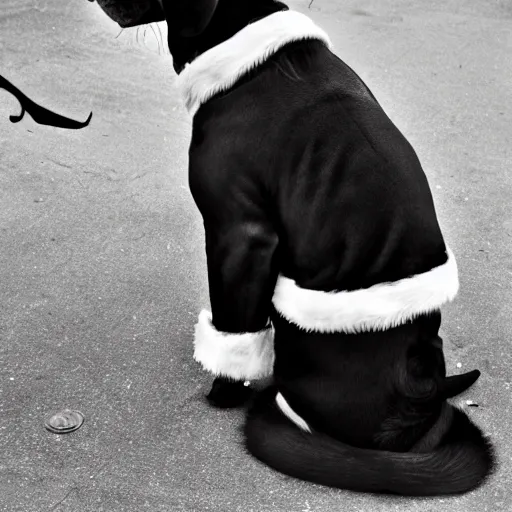 Image similar to santa's little helper dog as a real person, black and white photo