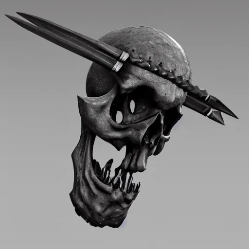 Image similar to a black sword skull handle, ornament, weapon, a 3 d render by dom qwek, studio lighting, front side view, trending on polycount, futurism, hard surface modeling, rendered in maya, 3 ds max, blender, artstation hd, vray