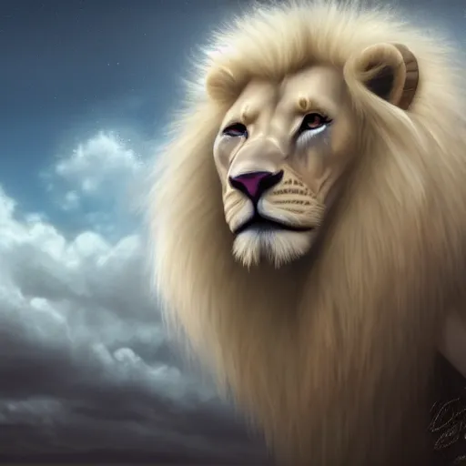 Image similar to a beautfiul aesthetic commission portrait of a anthro albino lion looking at the sky worried,attractive beautiful face,detailes face,expression,natural lighting,fantasy art,deviantart,artstation,character design by charles bowater,ross tran,4k,photorealistic,highly realistic,unreal emgine 5