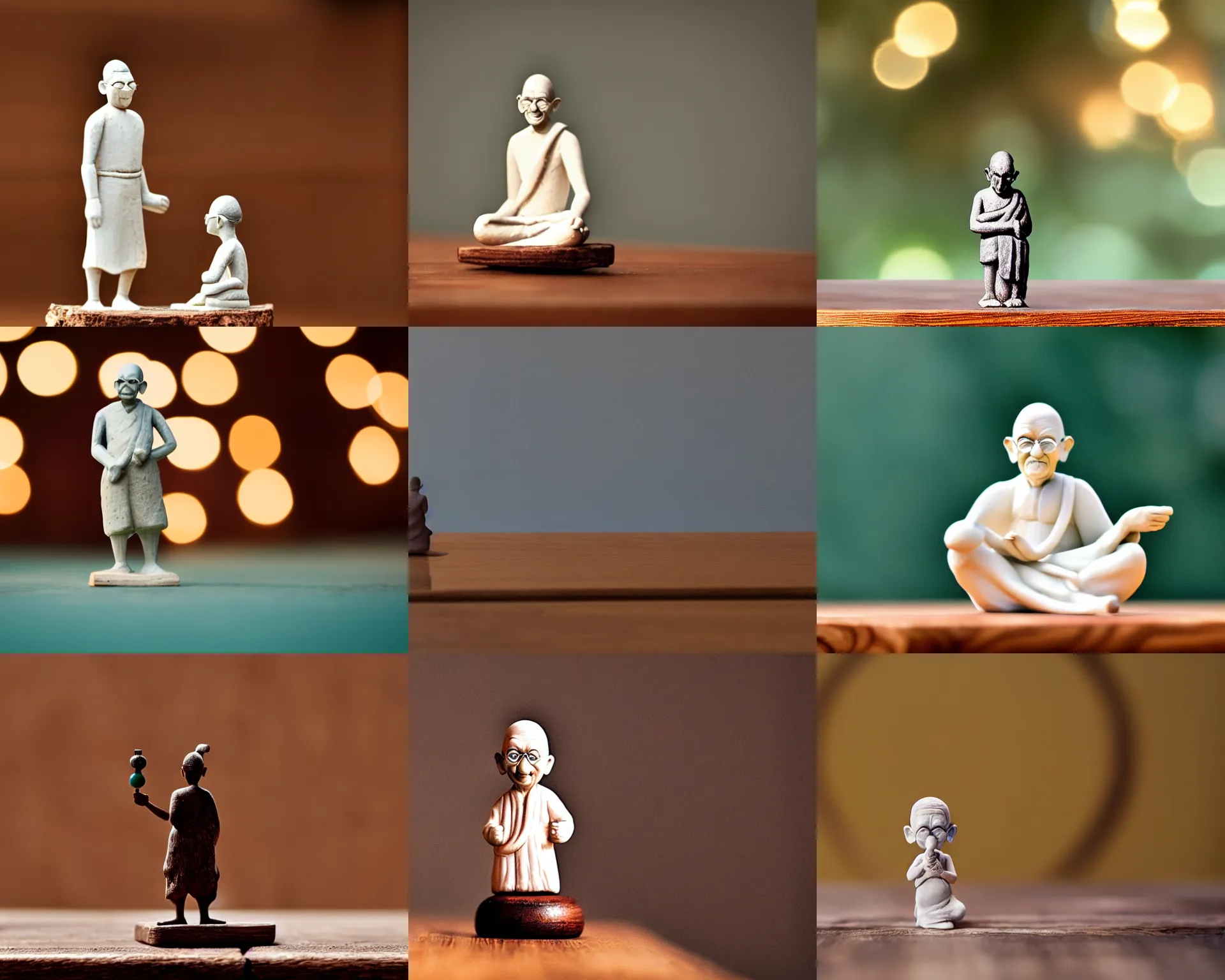 Prompt: gandhi figurine by pixar sad bokeh on wooden table.