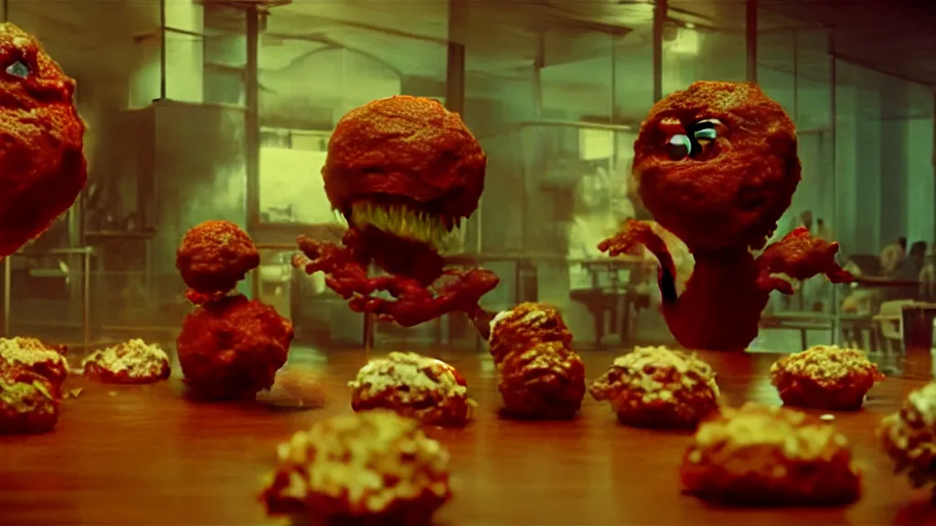 Image similar to the strange meatball creature at the fast food place, film still from the movie directed by denis villeneuve and david cronenberg with art direction by salvador dali and zdzisław beksinski, wide lens