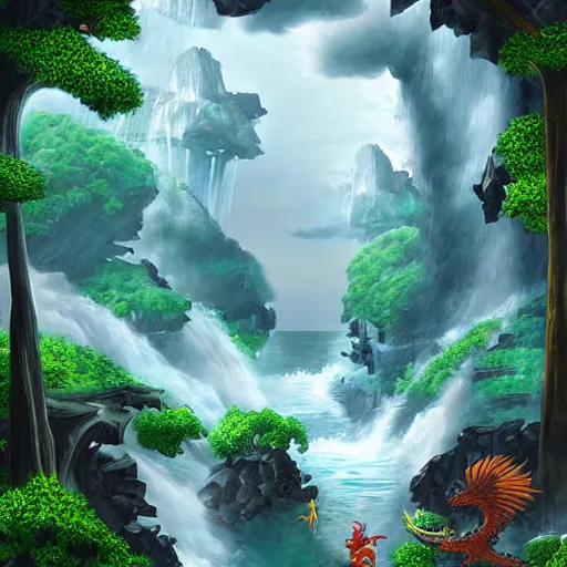 Image similar to islands in the sky with waterfalls and dragons, digital art, aesthetic, astonishing detail